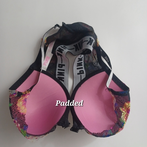 VS PINK Date Lace Racerback Push Up Bra 32DD Black Floral -Adjustable -Padded - Picture 7 of 15